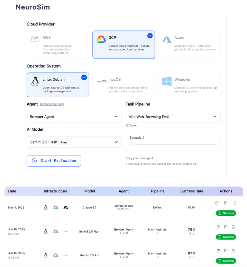 NeuroSim headless browser evaluation dashboard showing cloud provider selection, AI model configuration, and success rate analytics