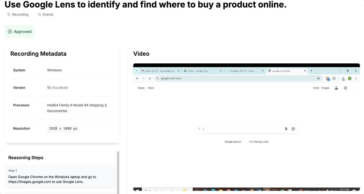Screen recording demo of Paradigm Shift AI pilot task showing Google Lens product search